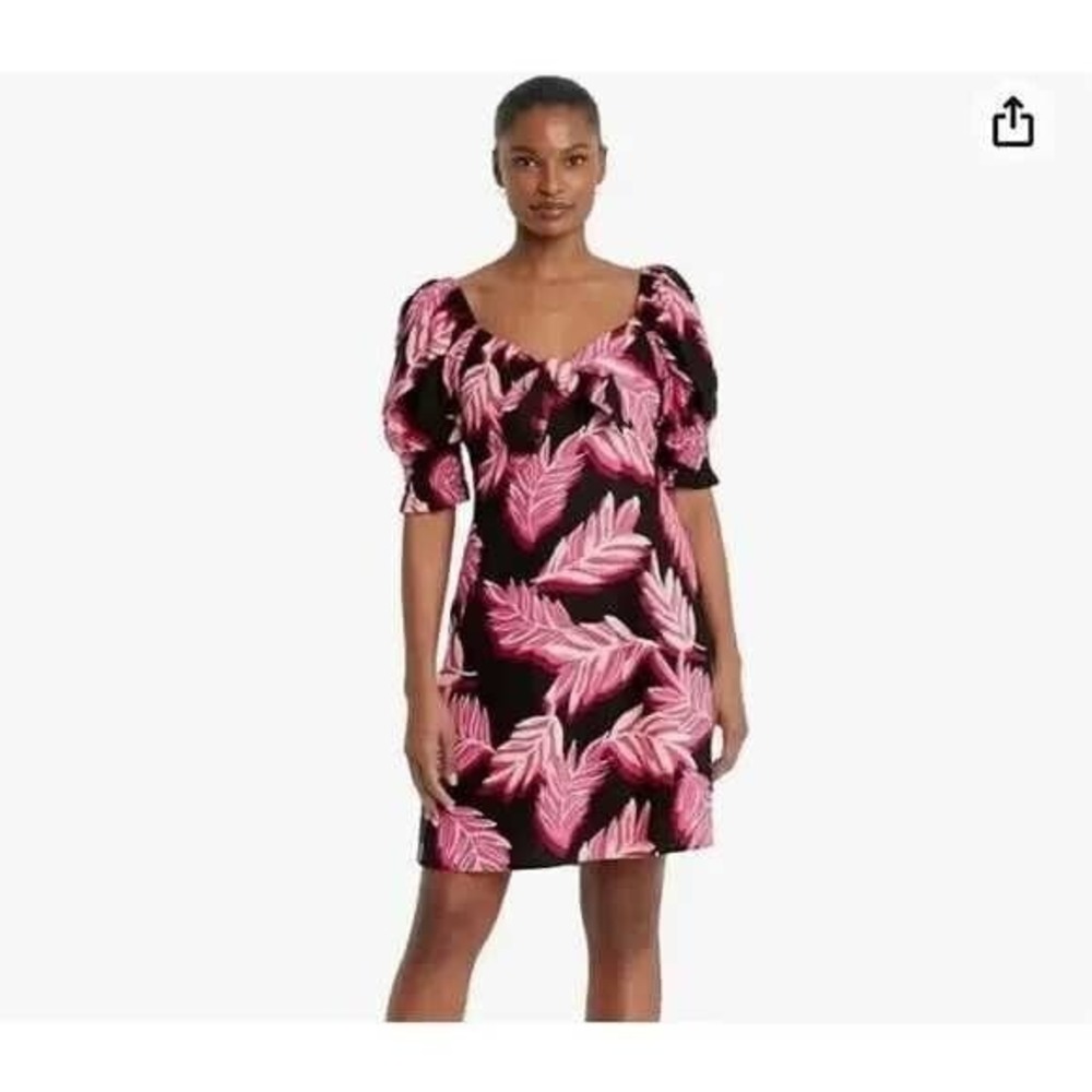 Who What Wear Women's Puff Elbow Sleeve Dress Linen Blend Serengeti Palm Size S